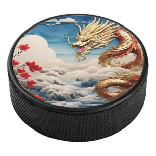 Feueratmende Drache Rot Blau und Gold Waage Eishockey Puck