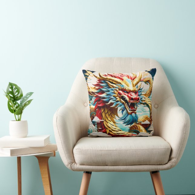Feueratmende Drache Rot Blau und Gold Waage Kissen (Stuhl )