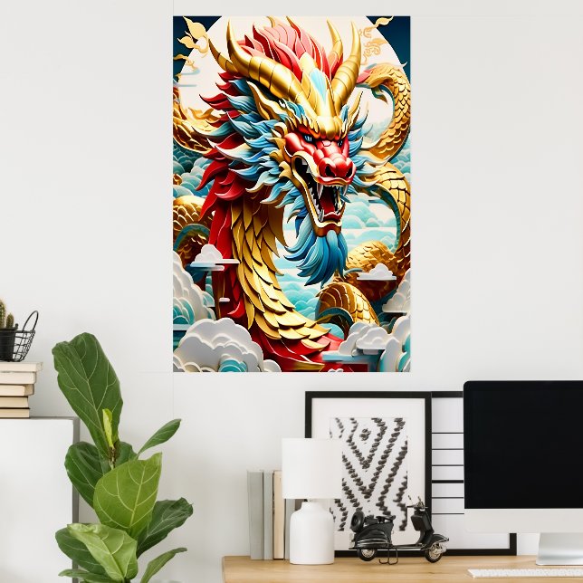Feueratmende Drache Rot Blau und Gold Waage Poster (Heimbüro)