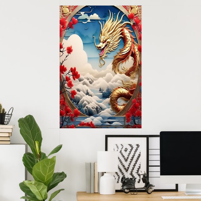 Feueratmende Drache Rot Blau und Gold Waage Poster (Heimbüro)