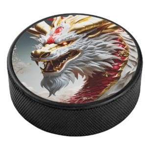 Feueratmende Drache Rot-Weiß- und Goldwaage Eishockey Puck
