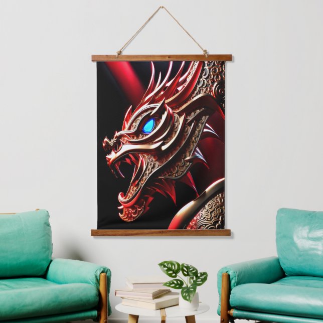 Feueratmende Drachen Rot- und Goldwaage Wandteppich Mit Holzrahmen (Wohnzimmer)
