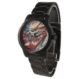 Feueratmung Drache Gold Blau und Rot Waage Armbanduhr