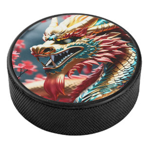 Feueratmung Drache Gold Blau und Rot Waage Eishockey Puck