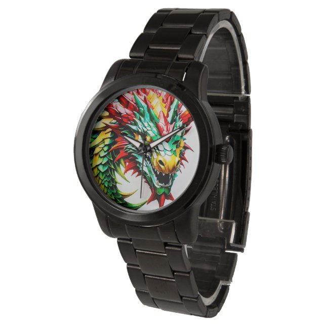 Feueratmung Drachen rot, grün und gelb Armbanduhr (Schrägansicht)