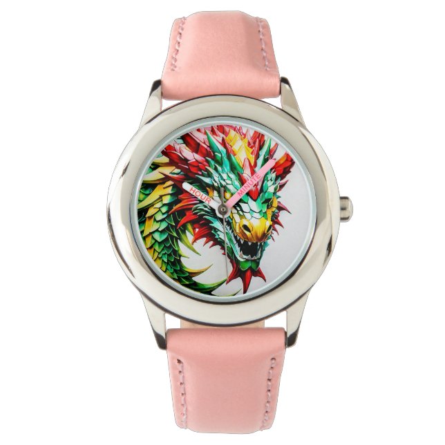 Feueratmung Drachen rot, grün und gelb Armbanduhr (Vorderseite)