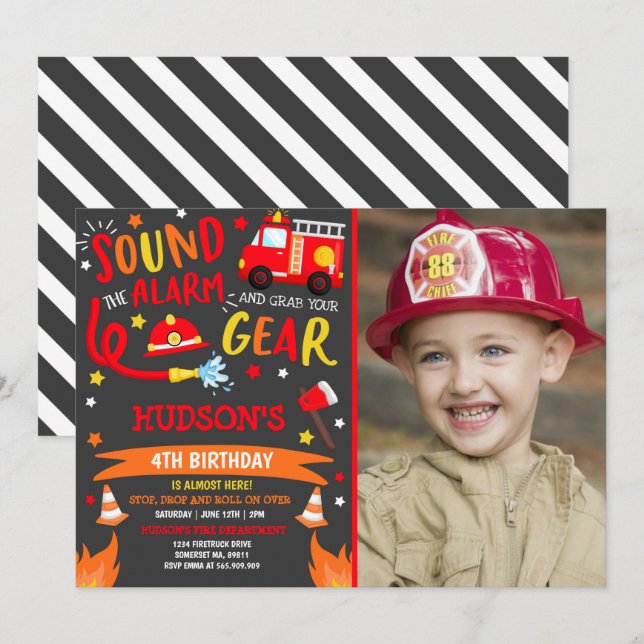Feuerfahrzeug Geburtstag Einladung Fireman Party (Vorne/Hinten)