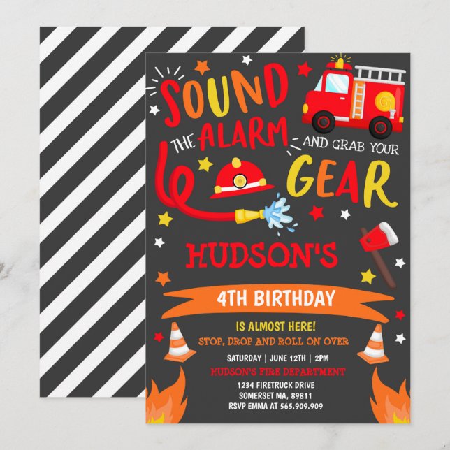 Feuerfahrzeug Geburtstag Einladung Fireman Party (Vorne/Hinten)