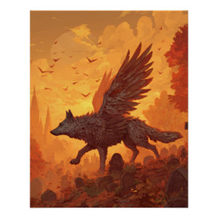 Feuerflügelwolf im Sonnenuntergangsbrand Poster