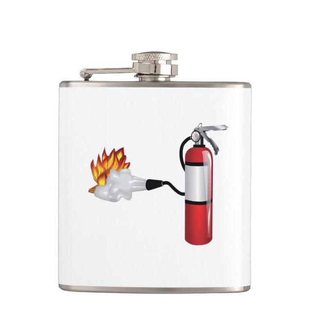 Feuerlöscher, der heraus Feuer-Flasche setzt Flachmann (Vorderseite)