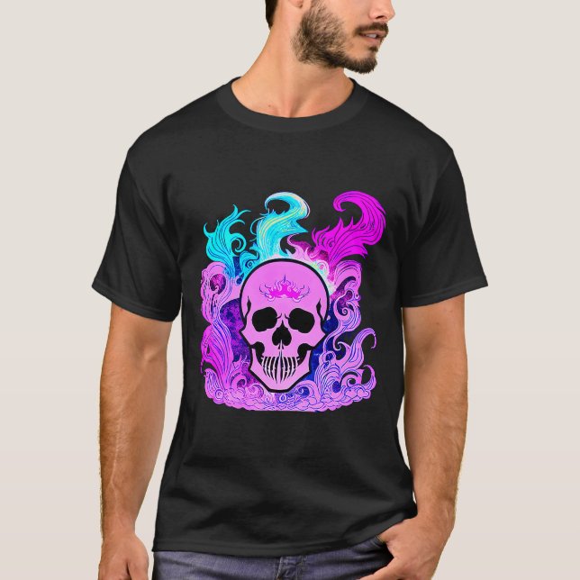 Feuerschädel Rauch Rosa Skelett Flammen T-Shirt (Vorderseite)