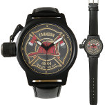 Feuerwehr für personalisierte Feuerwehren Armbanduhr<br><div class="desc">Firefighter NAME Fireman Feuer Abteilung Design - Emblem mit Red Helmet und Ax. Passen Sie Ihre Name, Station/Dept-Nummer und Position an.</div>