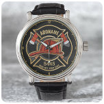 Feuerwehr für personalisierte Feuerwehren Armbanduhr<br><div class="desc">Firefighter NAME Fireman Feuer Abteilung Design - Emblem mit Red Helmet und Ax. Passen Sie Ihre Name, Station/Dept-Nummer und Position an.</div>