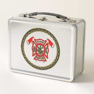 Feuerwehr-Gold und rotes Abzeichen mit Feuer-Äxte Metall Brotdose