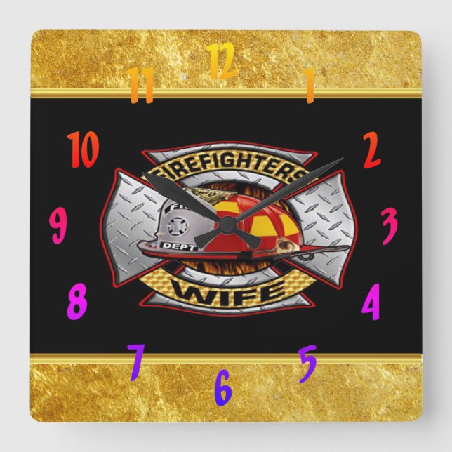 Feuerwehr Gold und Silber-Ehefrau-Abzeichen Quadratische Wanduhr (Vorderseite)