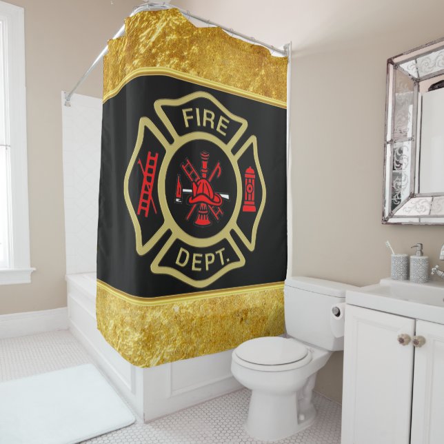 Feuerwehr-Logo Gold und hinteres Abzeichengold Duschvorhang (Beispiel)