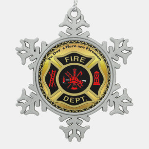 Feuerwehr-Logo Schwarzes und GoldAbzeichen Schneeflocken Zinn-Ornament