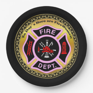 Feuerwehr-Logo schwarzes und rosa Abzeichen Pappteller