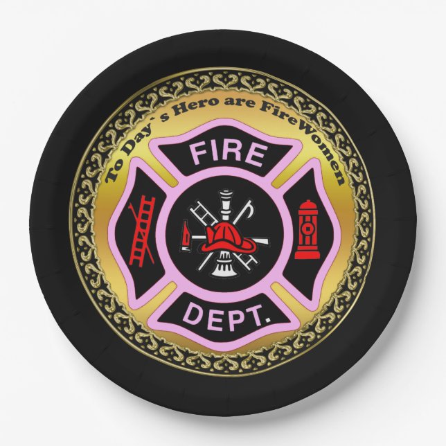 Feuerwehr-Logo schwarzes und rosa Abzeichen Pappteller (Vorderseite)