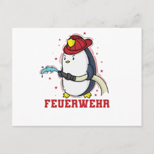 Feuerwehr Pinguin mit Feuerwehrhelm und Schlauch Postkarte