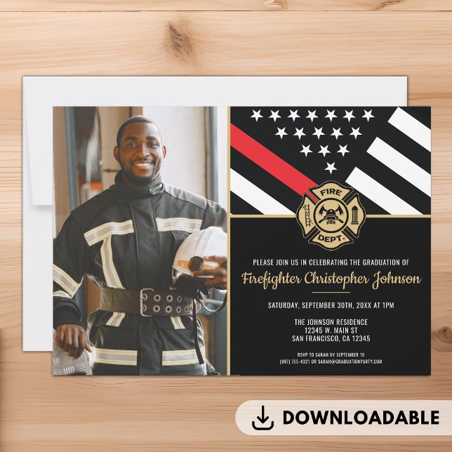 Feuerwehrakademie Abschluss Feuerwehrmann Foto Einladung (Firefighter Fire Academy Graduation Fireman Photo Invitation)