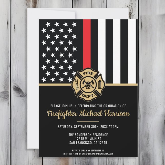 Feuerwehrakademie Abschluss Red Flag Feuerwehrmann Einladung (Perfect invitation to invite guests to celebrate the new fire academy graduate in fire fighting!)