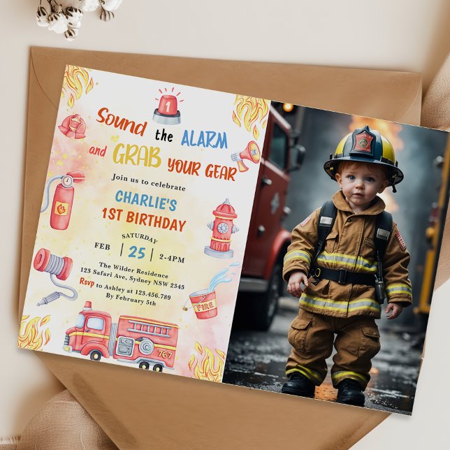 Feuerwehrauto Motor 1. Geburtstag Party Foto Einladung (Von Creator hochgeladen)