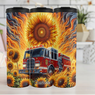 Feuerwehrfahrzeug auf dem Sonnenblumenfeld Thermosbecher