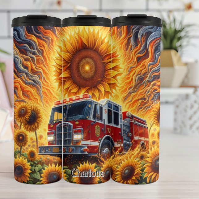 Feuerwehrfahrzeug auf dem Sonnenblumenfeld Thermosbecher (Von Creator hochgeladen)