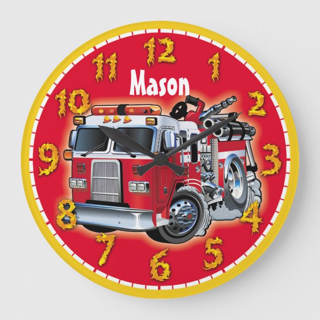 Feuerwehrfahrzeug Motor Personalisierbare Kinderuh Große Wanduhr (Vorderseite)