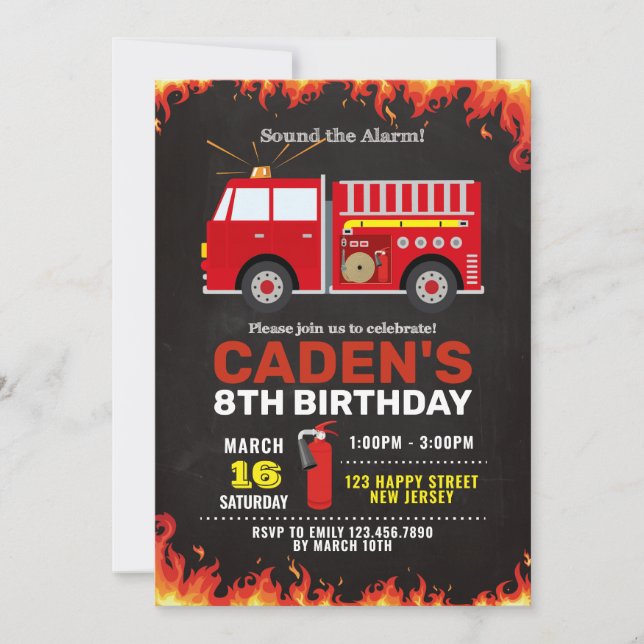 Feuerwehrfahrzeuge Einladung zum Geburtstag (Vorderseite)
