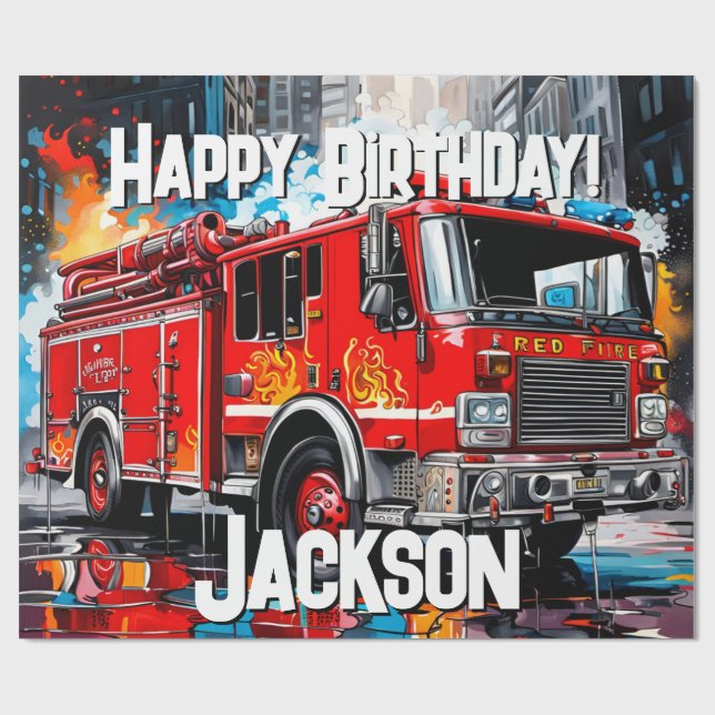 Feuerwehrfahrzeuge in der Stadt Geschenkpapier (Flach)