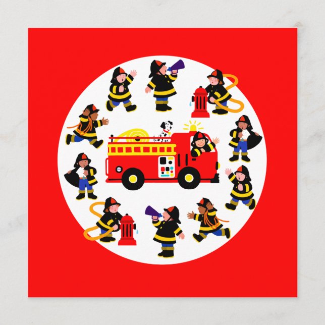 Feuerwehrfahrzeuge mit beschäftigten Feuerwehrleut (Vorderseite)