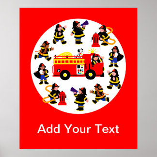Feuerwehrfahrzeuge mit beschäftigten Feuerwehrleut Poster