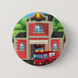 Feuerwehrhaus und Feuerwehrwagen Button