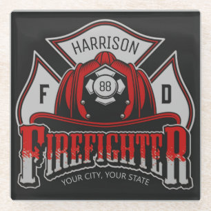 Feuerwehrhelm ADD NAME Brandabteilung Rettung Glasuntersetzer