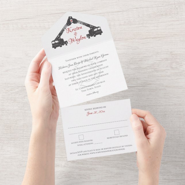 Feuerwehrhochzeit in einer Einladung (Abreißen)