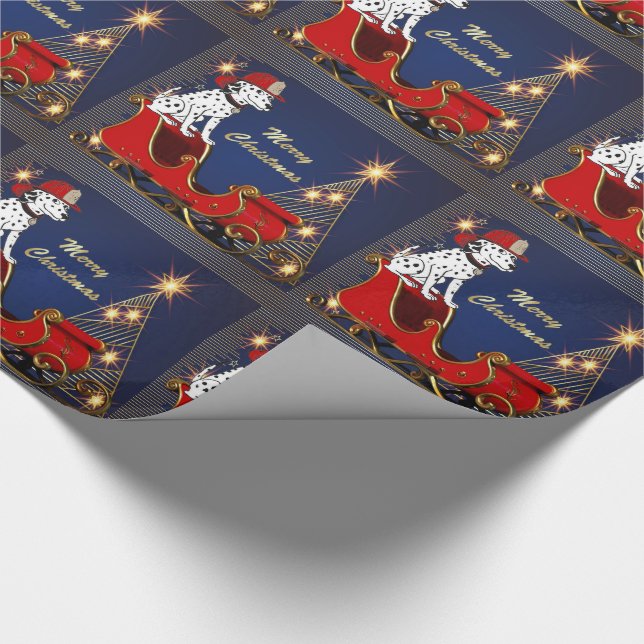 Feuerwehrhund auf Weihnachtsbaum mit Schlitten Geschenkpapier (Ecke)