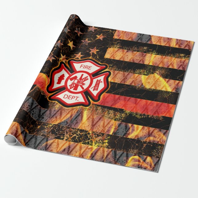 Feuerwehrkreuz und Flammen Geschenkpapier (Ungerollt)