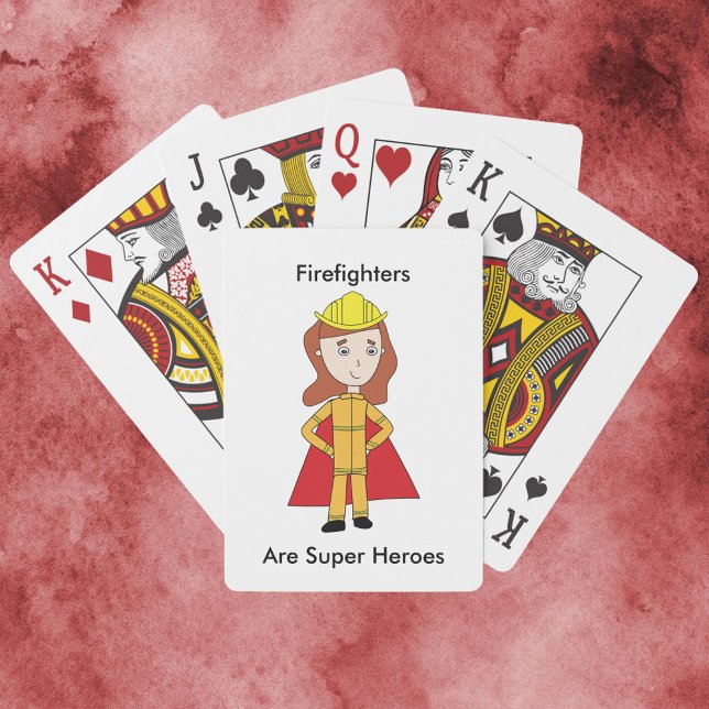 Feuerwehrleute sind Super Heroes Weibliche Funny Spielkarten (A deck of playing cards featuring a woman firefighter and the text, "Firefighters Are Super Heroes".)
