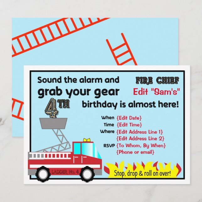 Feuerwehrmann 4. Party Einladung (Vorne/Hinten)