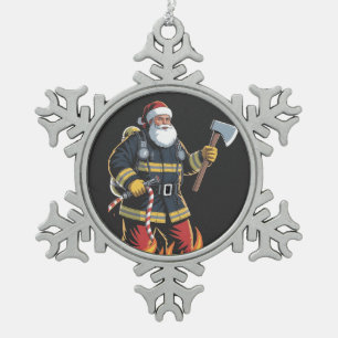Feuerwehrmann Feuerwehrauto Weihnachtsbaum Santa X Schneeflocken Zinn-Ornament
