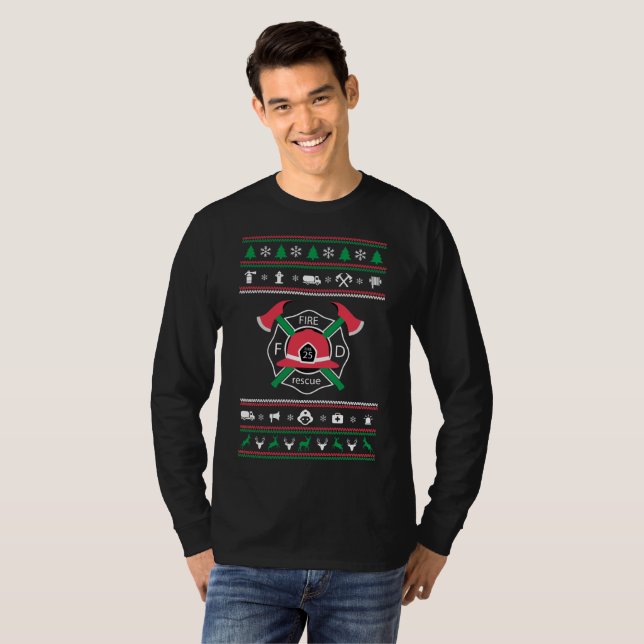 Feuerwehrmann-hässliches Strickjacke-Weihnachten T-Shirt (Vorne ganz)