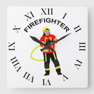 Feuerwehrmann in Einsatzkleidung  Quadratische Wan Wanduhr