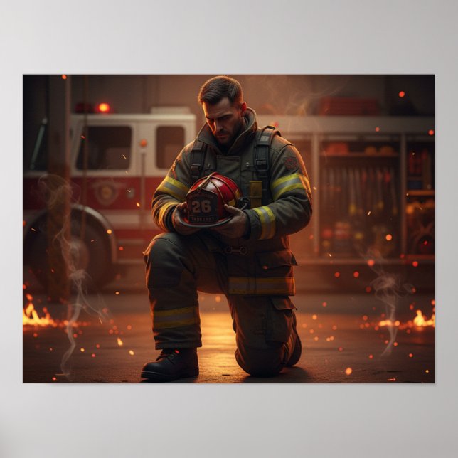 Feuerwehrmann Knieender Tributposter Poster (Vorne)