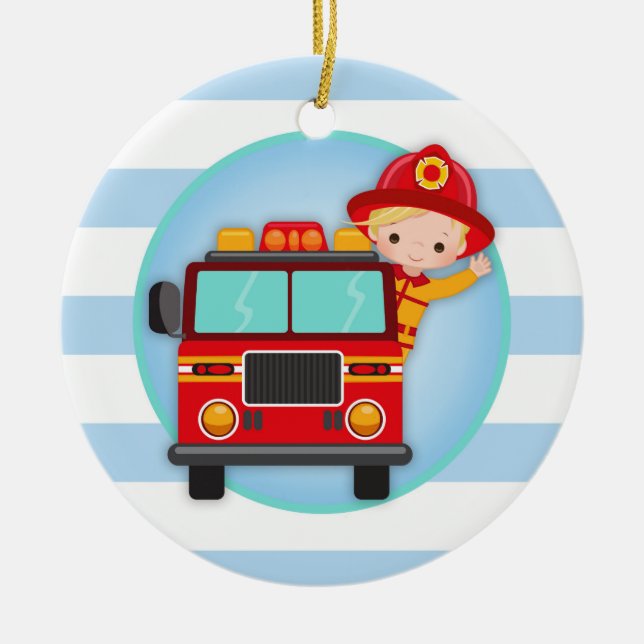 Feuerwehrmann-Löschfahrzeug-blondes Haar-Junge Keramik Ornament (Vorne)