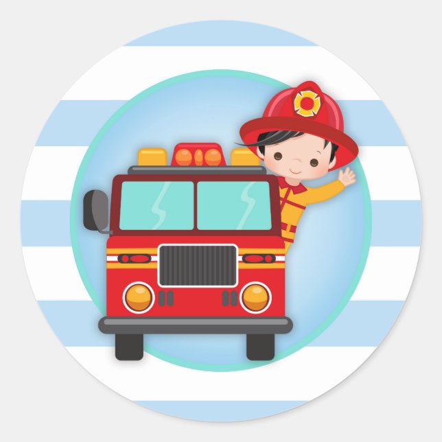 Feuerwehrmann-Löschfahrzeug-schwarzes Haar-Junge Runder Aufkleber (Vorderseite)