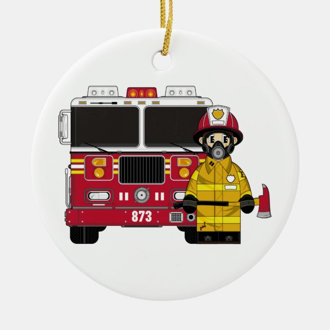 Feuerwehrmann mit Feuer-Motor-Verzierung Keramikornament (Vorne)