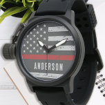 Feuerwehrmann mit personalisierter dünner roter Li Armbanduhr<br><div class="desc">Feiern Sie mit dieser Thin Red Line Fireman Watch - American Flag Design in Firefighter Flag Farben, Not leidendes Design - und zeigen Sie Ihre Wertschätzung für einen hervorragenden Feuerwehrmann. Perfekt für Service-Awards und Firefighter Abschluss Geschenke . Personalisieren Sie mit Fireman-Namen. COPYRIGHT © 2020 Judy Burrows, Black Dog Art -...</div>