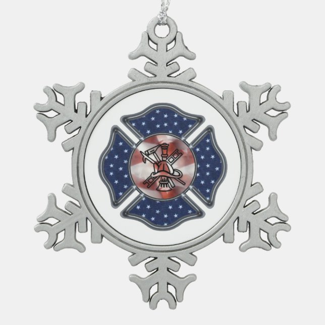 Feuerwehrmann-patriotische Abteilung Schneeflocken Zinn-Ornament (Vorderseite)